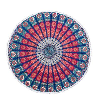 Runde Leinwand "Multicolour Mandala" mit Baumwollbommeln