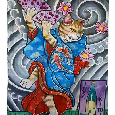 Seidenschal mit japanischer Katze und Geisha-Print – Mehrfarbig