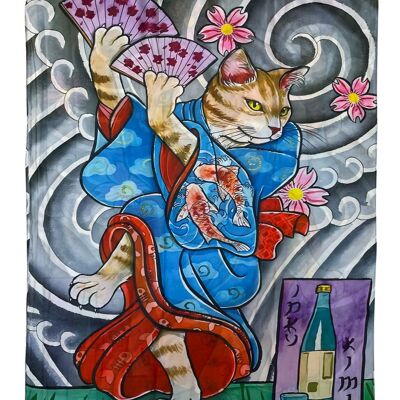 Japanese Cat Geisha Print Silk Scarf - Multi