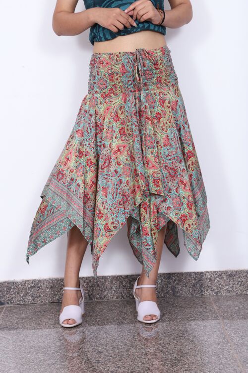 Shirred waist asymmetrical bohemian skirt, eco-friendly printed layered flared boho skirt
