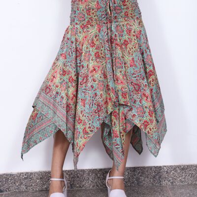 Shirred waist asymmetrical bohemian skirt, eco-friendly printed layered flared boho skirt