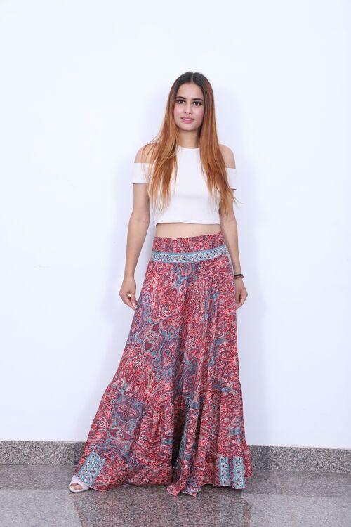 Shirred waist floral printed frilled long skirt