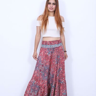 Shirred waist floral printed frilled long skirt