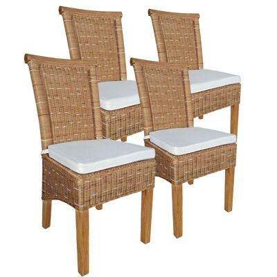 Esszimmer-Stühle Set Rattanstühle Perth 4 Stück braun Sitzkissen Leinen weiß Korbstühle