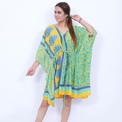 Abito kaftan boho con scollo a V, abito kaftan boho con cravatta frontale. Stampa ecologica.