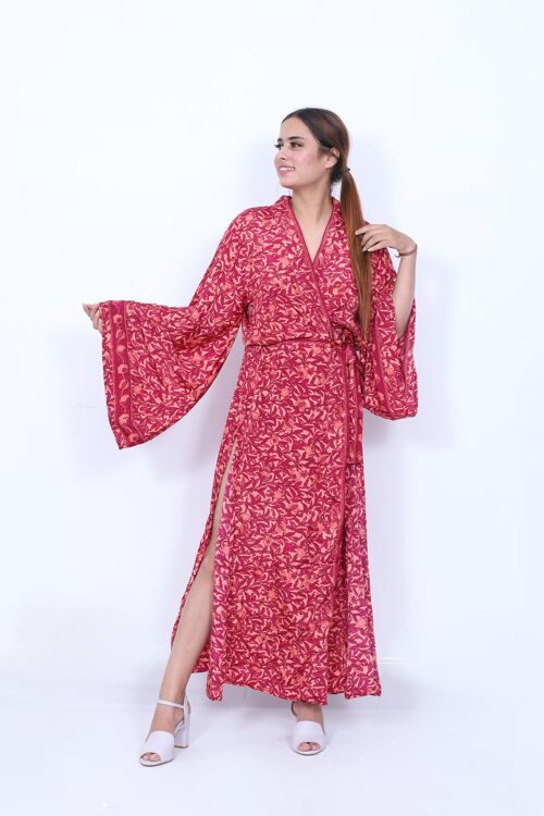 Bohemian kimono dress, eco-friendly vegan kimono with flared sleeves, side tie and side slit