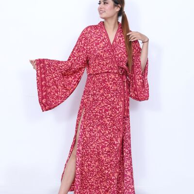 Abito kimono bohémien, kimono vegano ecologico con maniche svasate, cravatta laterale e spacco laterale
