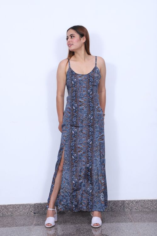 Bohemian Printed dress with shirred back & side splits_Eco-friendly Boho Dress