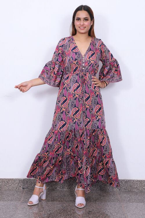 V neck buttoned bohemian full-length dress, eco-friendly boho frilled dress with bell sleeve