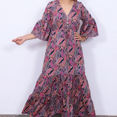 V neck buttoned bohemian full-length dress, eco-friendly boho frilled dress with bell sleeve