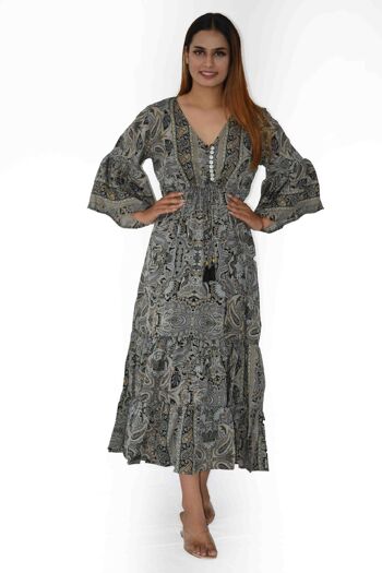 Robe longue bohème boutonnée à col en V, robe à volants bohème écologique avec manche cloche 3