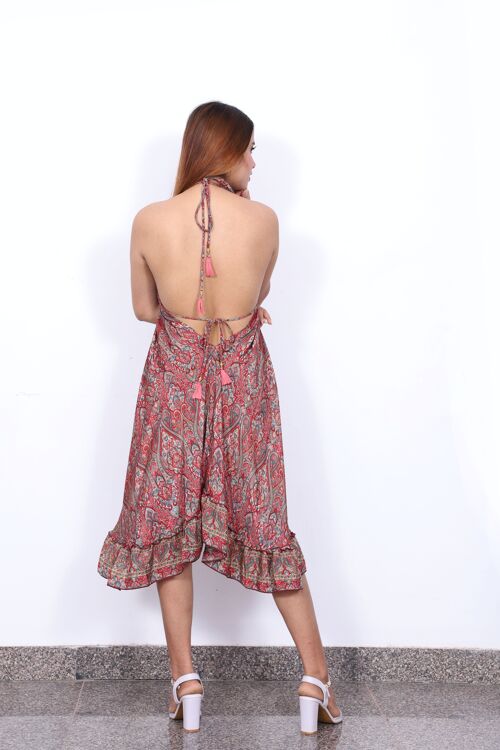 Boho Halter neck short dress_eco-friendly backless knee length bohemian frilled dress