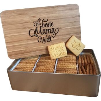 Boîte à biscuits Mama "Best Mama" avec biscuits logo 750g / couvercle en bois / planche petit-déjeuner FÊTE DES MÈRES 1