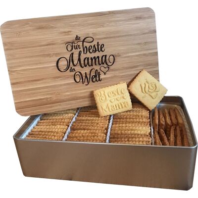 Mama-Keksdose "Beste Mama" mit 750g Logokeksen / Holzdeckel / Frühstücksbrettchen MUTTERTAG