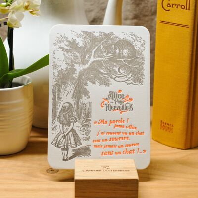 Carte Letterpress Chat Cheshire - Alice au Pays des Merveilles - Littérature, orange fluo