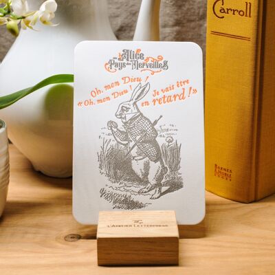 Carte Letterpress Lapin à la Montre - Alice au Pays des Merveilles - Littérature, orange fluo