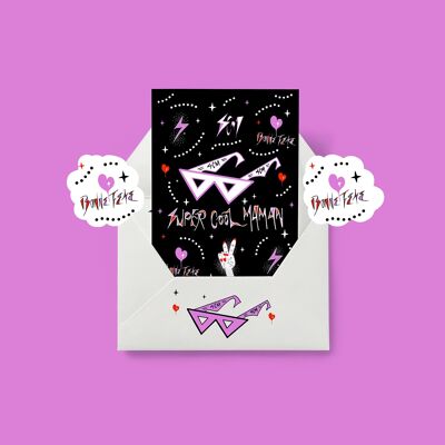 "Super Cool Mom" - Biglietto per la festa della mamma francese. Tonalità fredde. Regalo per la festa della mamma