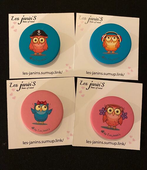 4 badges épingles 45mm "chouettes" 45mm