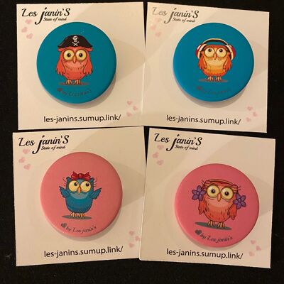4 pin badges 45mm “owls” 45mm