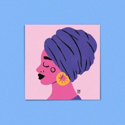 Imany • farbenfrohes Porträt einer Frau mit Turban und Creolen, Schwesternschaft, Feminismus