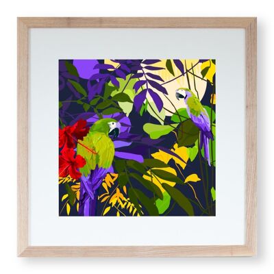 Tirage d'art 'Perroquets au milieu d'hibiscus'  20 x 20 cm