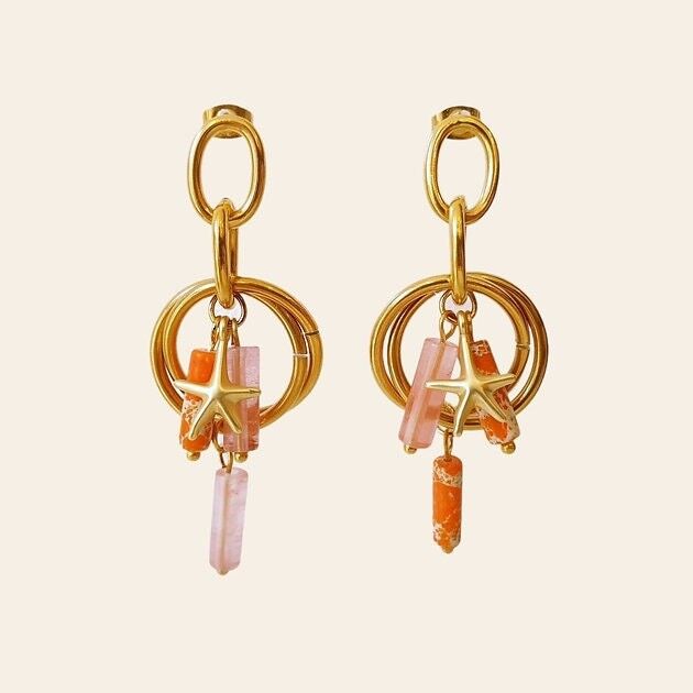 Boucles d'Oreilles Taïs, Pendentifs Étoiles et Perles en Pierre Naturelle Corail et Quartz Rose