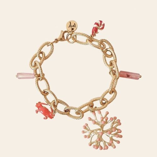 Bracelet Chaîne Quadratus, Pendentifs Corail, Crabe, Gambas et Perles en Quartz Rose