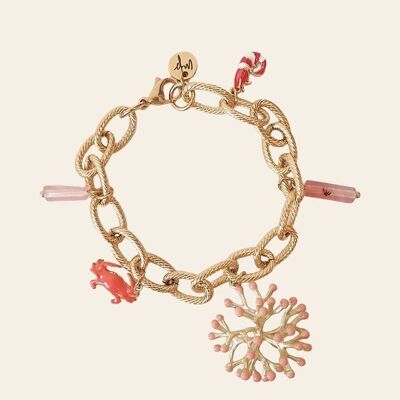 Bracciale Catena Quadrato, Corallo, Granchio, Pendenti Gambas e Perle Di Quarzo Rosa