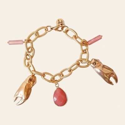 Sabas Chain Bracelet, Rhodochrosite, Rose Quartz and Crab Legs Pendants