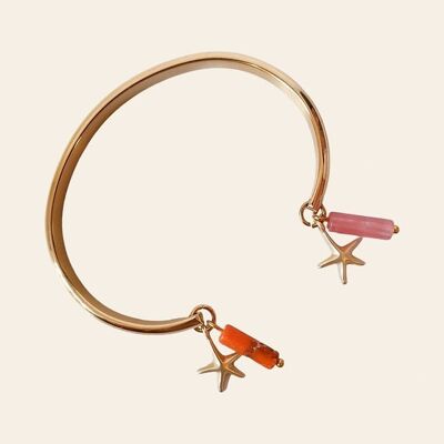 Tadeg Bangle Bracelet, Starfish Charms and Natural Stones Coral and Rose Quartz
