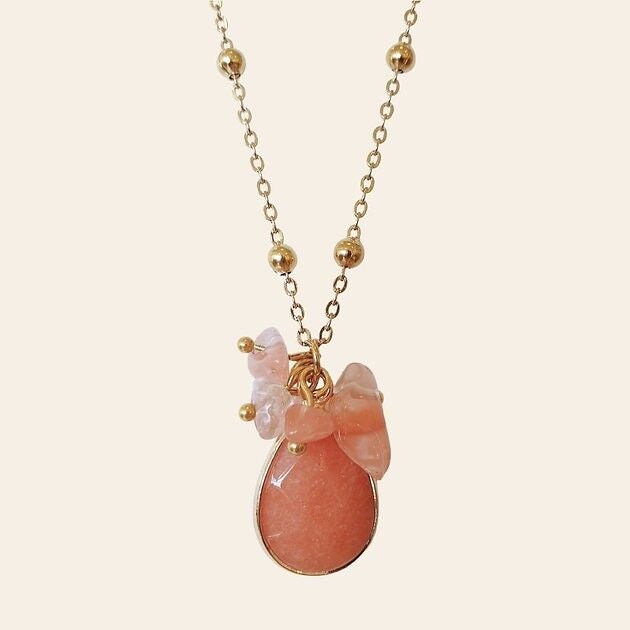 Collier Quentin, Pendentifs Pierres Naturelles Rhodochrosite et Quartz Rose