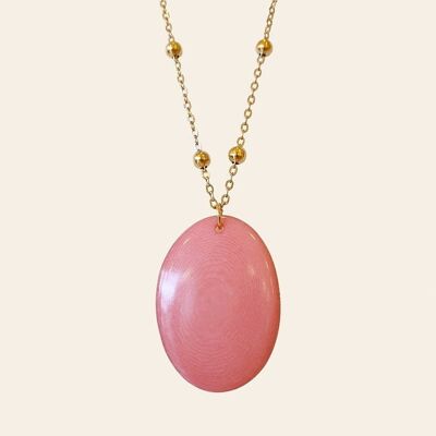 Collana Raffaello, Seme Naturale di Tagua Rosa e Acciaio Inossidabile Dorato