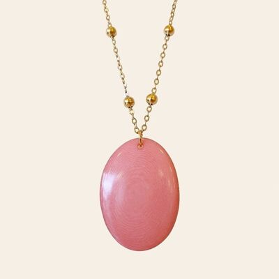 Raffaello-Halskette, natürlicher Samen von Pink Tagua und goldenem Edelstahl