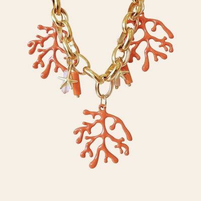Tancelin Necklace, Coral Pendants, Starfish Charms, Coral Beads and Rose Quartz