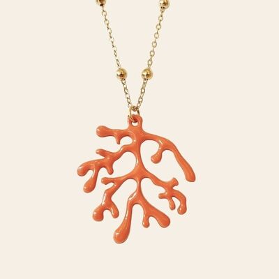 Tangi Necklace, Coral Pendant in Orange Zamac and Golden Stainless Steel