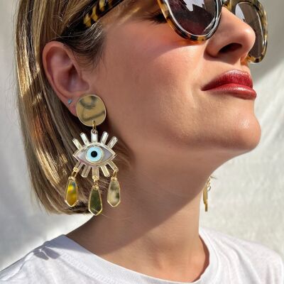 Gold Evil Eye Clip-On Earrings with Gold Plexiglass Designs - Perfect for Non-Pierced Ears, Gift for Her, Made in Greece