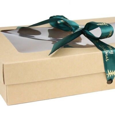 27 x 16 x 6 cm Brown Box & Xmas Green Ribbon - Pack of 12