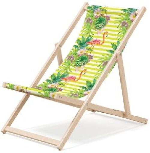 Outentin folding wooden beach lounger - premium wooden deck chair large - for garden, balcony and beach - modern design - wooden folding beach lounger - up to 130 kg Flamingo motif