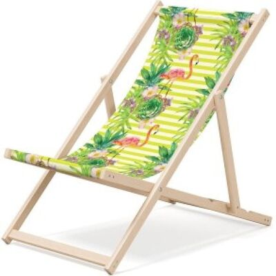 Outentin klappbare Strandliege aus Holz – Premium Holz Liegestuhl groß – für Garten, Balkon und Strand – modernes Design – klappbare Strandliege aus Holz – bis 130 kg Flamingo Motiv