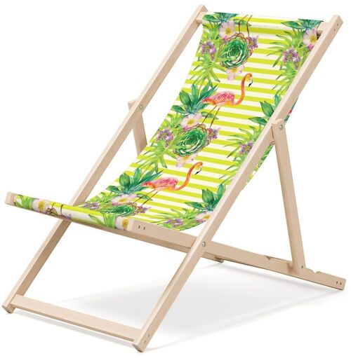 Outentin folding wooden beach lounger - premium wooden deckchair large - for garden, balcony and beach - modern design - folding sunlounger sunbed- up to 130 kg motif Flamingo
