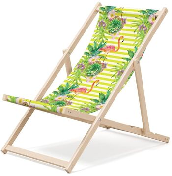 Chaise longue de plage pliante en bois Outentin - transat en bois haut de gamme grand - pour jardin, balcon et plage - design moderne - chaise longue pliante transat - jusqu'à 130 kg motif Flamingo 1