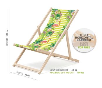 Chaise longue de plage pliante en bois Outentin - transat en bois haut de gamme grand - pour jardin, balcon et plage - design moderne - chaise longue pliante transat - jusqu'à 130 kg motif Flamingo 2