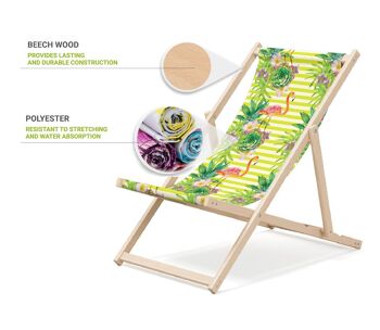 Chaise longue de plage pliante en bois Outentin - transat en bois haut de gamme grand - pour jardin, balcon et plage - design moderne - chaise longue pliante transat - jusqu'à 130 kg motif Flamingo 3