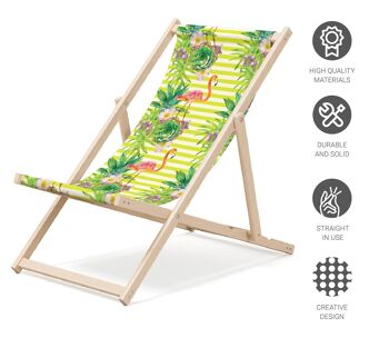 Chaise longue de plage pliante en bois Outentin - transat en bois haut de gamme grand - pour jardin, balcon et plage - design moderne - chaise longue pliante transat - jusqu'à 130 kg motif Flamingo 4