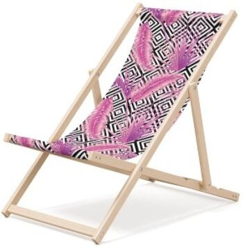 Chaise longue de plage pliante en bois Outentin - chaise longue en bois haut de gamme grande - pour jardin, balcon et plage - design moderne - chaise longue de plage pliante en bois - jusqu'à 130 kg motif plume 1
