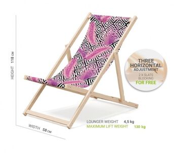 Chaise longue de plage pliante en bois Outentin - chaise longue en bois haut de gamme grande - pour jardin, balcon et plage - design moderne - chaise longue de plage pliante en bois - jusqu'à 130 kg motif plume 2