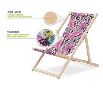 Chaise longue de plage pliante en bois Outentin - chaise longue en bois haut de gamme grande - pour jardin, balcon et plage - design moderne - chaise longue de plage pliante en bois - jusqu'à 130 kg motif plume 3