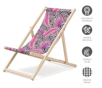Chaise longue de plage pliante en bois Outentin - chaise longue en bois haut de gamme grande - pour jardin, balcon et plage - design moderne - chaise longue de plage pliante en bois - jusqu'à 130 kg motif plume 4