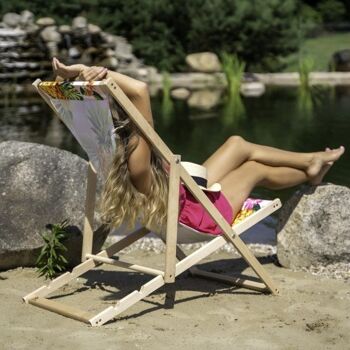 Chaise longue de plage pliante en bois Outentin - chaise longue en bois haut de gamme grande - pour jardin, balcon et plage - design moderne - chaise longue de plage pliante en bois - jusqu'à 130 kg motif plume 5