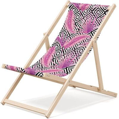 Chaise longue de plage pliante en bois Outentin - transat en bois haut de gamme grand - pour jardin, balcon et plage - design moderne - chaise longue pliante transat - jusqu'à 130 kg motif Plume